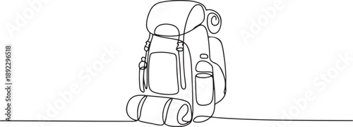 Single continuous line drawing camping backpack for hiking, travel and tourism isolated on white background. Backpack for camp gears, mats, sleeping bags. one line Icon drawing