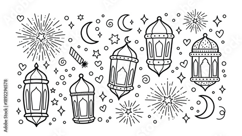 Festive Lanterns in Celebration: An array of ornate lanterns, radiating a radiant glow, is framed by a dazzling display of fireworks, crescent moons, and twinkling stars.