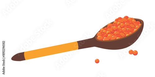Red caviar in a wooden spoon. Vector illustration of salmon or trout roe. An expensive delicacy rich in omega-3. A traditional salted dish in Russia and northern cultures.
