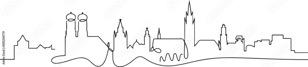 Naklejka premium Single continuous line drawing of Munich city skyline. Famous Munchen city skyscraper landscape in world. World travel wall decor poster print concept. one line Icon drawing