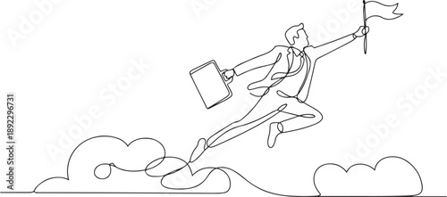 Continuous one line drawing active businessman jump or leap over clouds to reach his success target or flag. Challenge his career path. Taking risk. one line Icon drawing