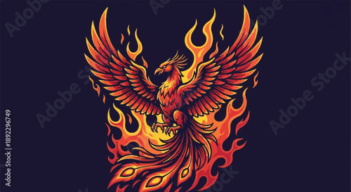 Powerful Phoenix Bird Rising from Intense Fire and Flames Illustration on Dark Background