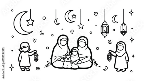 Family Illustration Celebration: An illustrative depiction of a family with traditional attire, enjoying a celebratory moment under the crescent moon and stars.