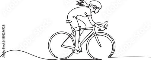 One single line drawing young energetic woman bicycle racer focus train her speed vector graphic illustration. Racing cyclist concept. one line Icon drawing