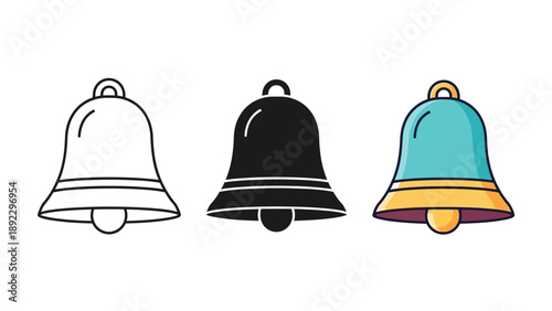 Set of three notification bell icons outline, solid black, and colorful cartoon style, representing alerts and reminders