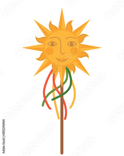 A sun on a pole, decorated with ribbons. Vector clipart. Russian Maslenitsa decoration. A traditional Slavic symbol. A holiday marking the end of winter and the arrival of spring.