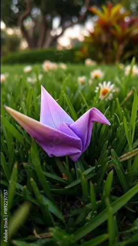 Wallpaper Mural A purple origami bird sitting on top of a lush green field Torontodigital.ca