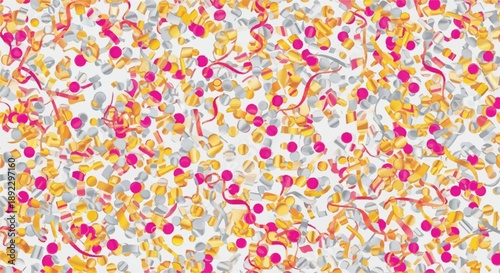 Top View of Vibrant Pink and Gold Confetti with Colorful Ribbons Scattered for Party Backdrop