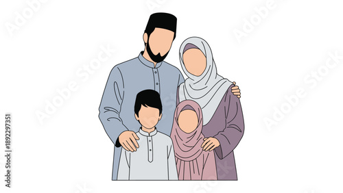 Family Portrait: A serene illustration of a Muslim family, their bond radiating love and togetherness. The image reflects values of unity and mutual respect.