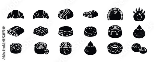 Comprehensive collection of simple silhouette icons representing various delicious pastries baked goods and sweet desserts perfect for bakery menus food packaging or web graphics