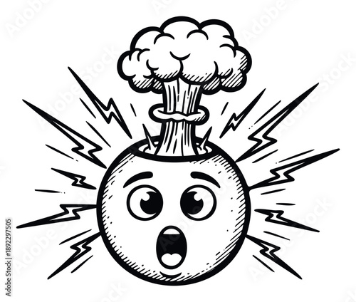 Expressive black and white drawing depicting a shocked emoticon with an exploding head effect and electric sparks, ideal for conveying stress, surprise, or overwhelming information in