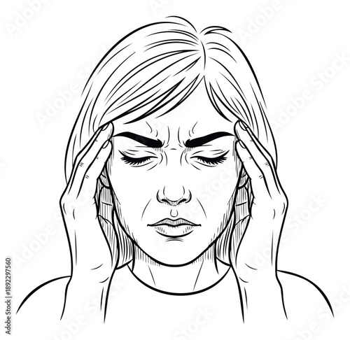 A young woman experiencing intense pain from a headache or migraine, clutching her temples in distress, perfect for health and wellness related content