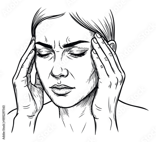 Young woman suffering from a severe headache or migraine experiencing pain and discomfort, useful for health and wellness related medical information graphics and educational materials