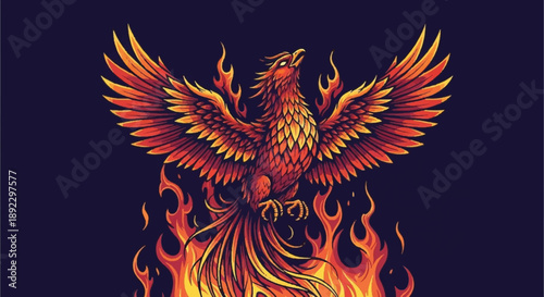 Majestic Phoenix Bird Rising from Intense Orange and Yellow Flames on a Dark Blue Backgroundphoenix, fire, bird, flame, rising, rebirth, mythology, legendary, creature, wings, orange, yellow, dark blu