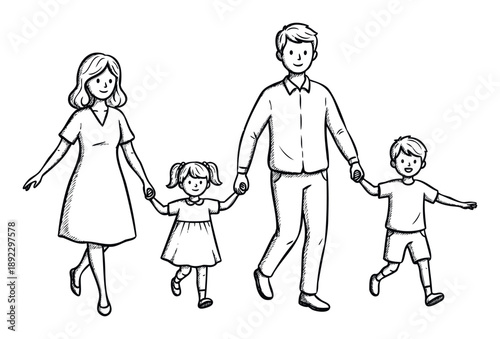 Joyful family with a mother, father, daughter, and son walking hand in hand, symbolizing love and support, ideal for familyoriented content, print, or web projects.