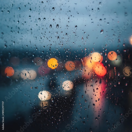 Rain on window with city lights bokeh at night