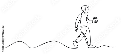 Minimalist continuous line drawing of a person walking with a coffee cup, perfect for modern lifestyle blogs business presentations or simple graphic elements