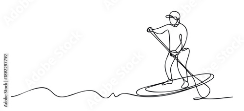 Dynamic continuous single line drawing of a person standup paddleboarding on wavy water, ideal for active lifestyle branding, water sport promotions, and outdoor recreation media.