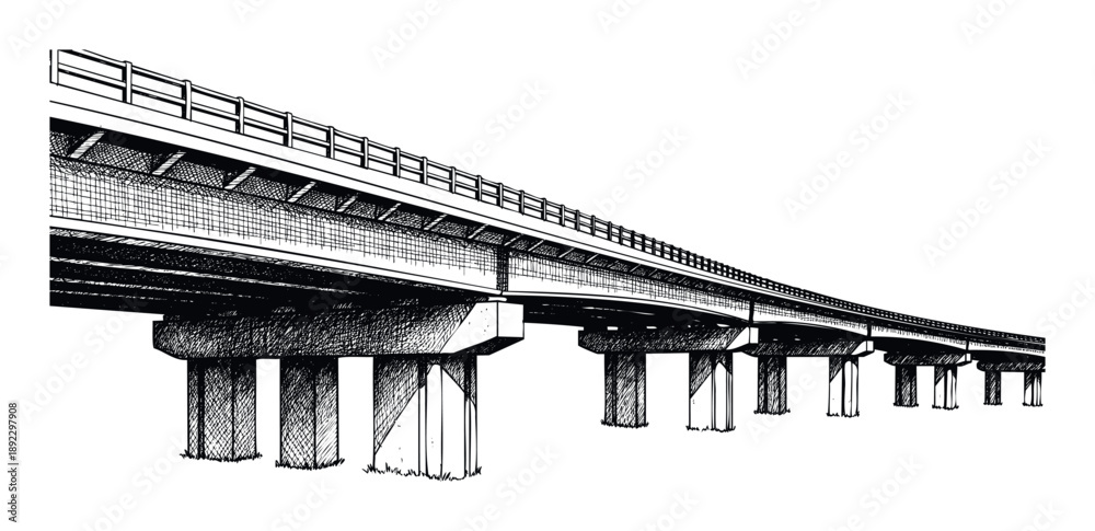 Naklejka premium Architectural drawing of a multispan viaduct with textured columns and a receding perspective ideal for illustrating civil engineering, city growth, and modern transportation routes.