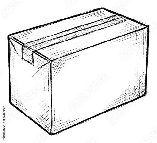 Hand drawn black and white sketch of a simple cardboard box, ideal for ecommerce illustrations, logistics presentations, or packing instructions.