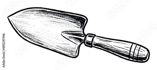Textured hand drawn garden trowel sketch depicting a rustic digging tool for various landscaping projects and agricultural themes requiring a vintage or natural aesthetic.