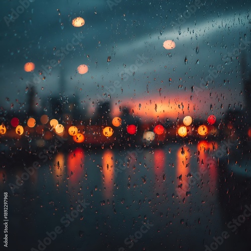 Rain on window with city lights bokeh at night