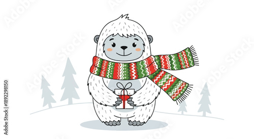 Adorable White Yeti Character with Red and Green Striped Scarf Holding a Small Gift Box