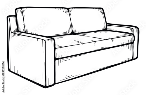 Detailed black and white line drawing of a modern twoseater couch ideal for home furnishing catalogs and living room design presentations