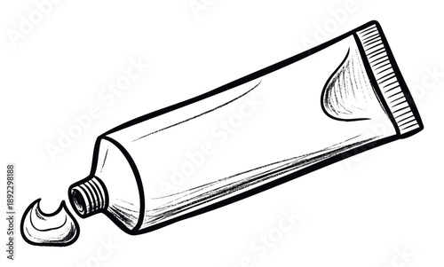 A distinctive black and white sketch featuring a product tube squeezed with substance emerging, ideal for conveying concepts of application, creativity, or personal care in various graphic