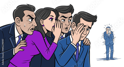 A distressed businessman covers his face as colleagues engage in malicious whispering, symbolizing the painful emotional toll of workplace gossip, bullying, and harassment.