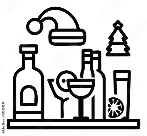 Holiday celebration drinks icon featuring festive alcohol bottles, cocktail glasses with citrus, a Santa hat, and a Christmas tree for seasonal marketing and event promotion.