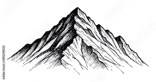 Majestic handdrawn mountain peak range for outdoor adventure branding, wilderness exploration themed graphics, or a rugged nature landscape emblem for apparel and print media