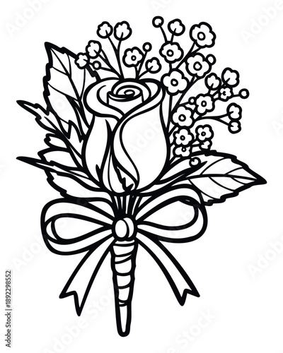 Elegant single rose boutonniere with delicate small flowers and decorative leaves tied with a flowing ribbon, perfect for wedding invitations, greeting cards, or various event decorations