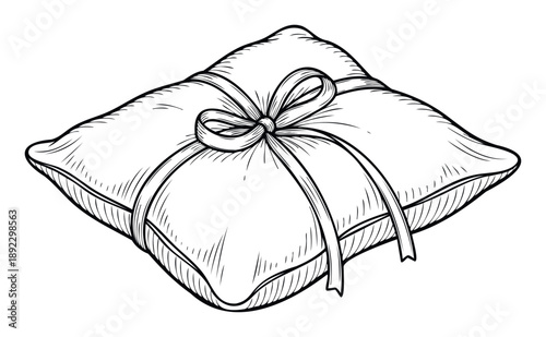 Handdrawn sketch of a decorative cushion pillow tied with a delicate ribbon bow, perfect for wedding ceremonies, engagement ring presentations, or elegant gift packaging themes.