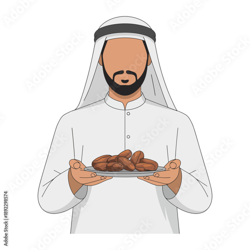 Arabian Man with Dates: This illustration captures a traditional Arabian man, his form adorned in a crisp white thawb and a distinctive head covering. He is holding a plate of dates with reverence.