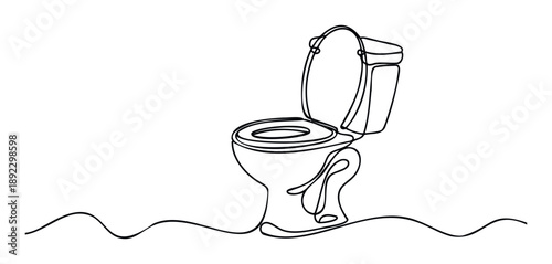 Minimalist single continuous line drawing of a modern ceramic toilet with the lid open, ideal for plumbing service advertisements, bathroom interior design concepts, or hygiene awareness