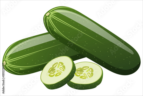 Flat vector illustration of two whole green cucumbers and two fresh slices. Isolated on a white background, perfect for food packaging, healthy eating icons, or grocery store signage.