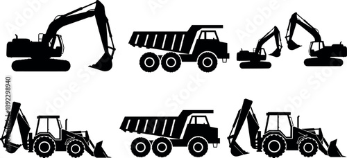 Construction vehicle silhouettes collection featuring excavators, dump trucks, backhoe loaders, heavy earthmoving machinery, industrial transport equipment icons isolated on white background