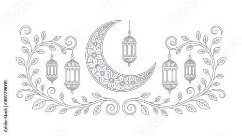 Celestial Embellishment: The image features a crescent moon adorned with intricate floral patterns, and hanging lanterns, all elegantly entwined with delicate, flourishing foliage.