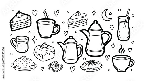 Coffee and Cake Delights: A collection of intricately drawn coffee cups, teapots, cakes, and other elements, offering a delightful visual feast.