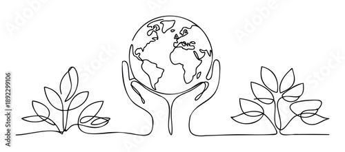 Continuous line drawing of hands holding planet Earth embraced by growing plants, symbolizing global environmental protection, sustainability, and ecological care for environmental