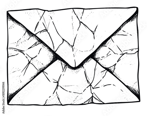 Hand drawn crumpled sealed envelope with rough lines and distressed texture for conveying urgent or damaged communication concepts in digital media or printed materials