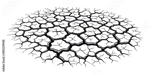 Black and white drawing of a dried cracked earth surface, depicting drought and destruction, perfect for environmental awareness campaigns, game textures, or graphic overlay projects.