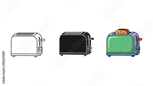 Set of three toasters outline, black silhouette and colored green with toast inside, kitchen appliance collection