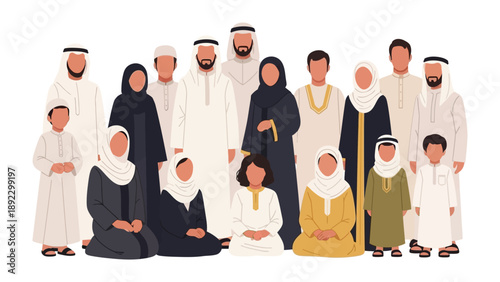 Arabian Cultural Group: A depiction of a harmonious assembly of individuals. Showcasing the beauty and richness of Arabian heritage. A vibrant illustration.