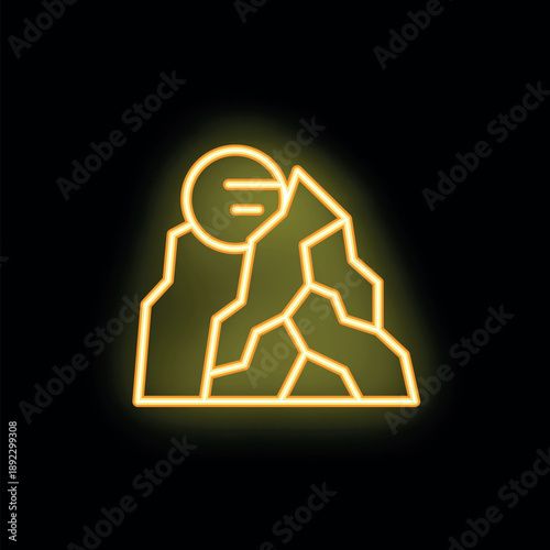Glowing neon yellow avalanche warning sign shining on a dark background, representing safety and caution in mountain environments