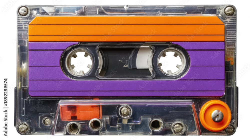Naklejka premium A retro vintage analogue audio cassette tape with black magnetic plastic housing is isolated on a blank white background as an obsolete stereo music recording technology object