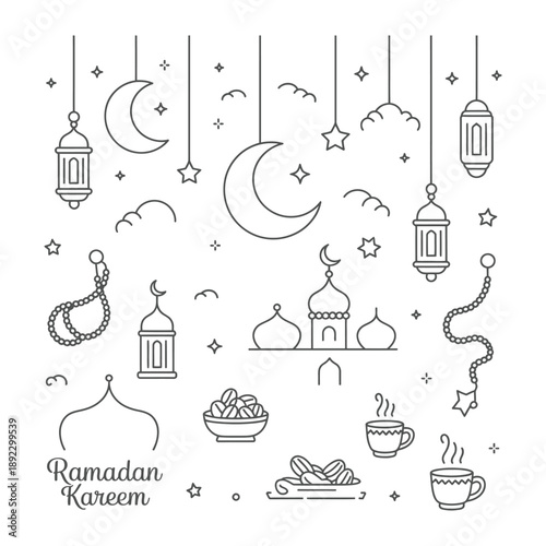 Ramadan Kareem: This image is a collection of intricately drawn line art elements that embody the spirit of Ramadan. It includes the moon, stars, traditional lanterns, and other symbols of the season.