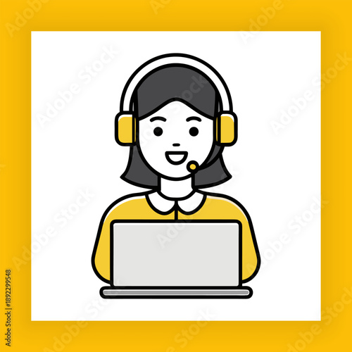 Customer Support Agent Working on Laptop, Online Help Desk Service, Flat Vector Illustration. Customer Service Representative with Headset and Laptop.