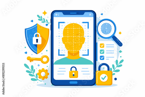 Biometric security concept with smartphone facial recognition and data protection elements